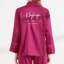 Load image into Gallery viewer, Personalised Bridesmaid Pyjamas, Bridal Party Nightwear, Bridesmaid Gift, Long Sleeve Long Pants Satin Pyjamas