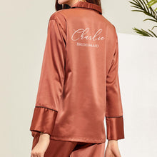 Load image into Gallery viewer, Rust Pyjamas, Burnt Orange Pajamas, Rust Personalised Pjs, Long Sleeve Long Pants Satin Pyjamas