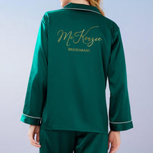 Load image into Gallery viewer, Forest Green Personalised Bridesmaid Pyjamas, Bridal Pyjamas, Long Sleeve Long Pants Satin Pyjamas