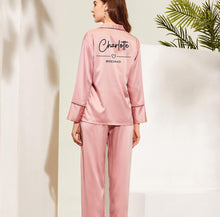Load image into Gallery viewer, Dusty Rose Pink Personalised Bridal Pjs, Bridesmaid Gift, Long Sleeve Long Pants Satin Pyjamas