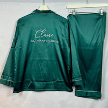 Load image into Gallery viewer, Forest Green Pyjamas, Bridesmaid Pajamas, Personalised Pjs,Long Sleeve Long Pants Satin Pyjamas