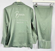 Load image into Gallery viewer, Green Pyjamas, Wedding Pajamas, Personalised Long Sleeve Long Pants Satin Pjs,