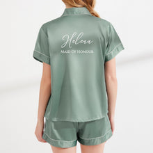 Load image into Gallery viewer, Personalised Bride Pajamas, Eucalyptus Bridesmaid Pyjamas, Bridal Party PJ's, Bridesmaid Gift, Silky Soft Satin Short PJ's, Green Pyjamas