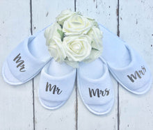 Load image into Gallery viewer, Mr and Mrs • Bridal slippers • Honeymoon • Bridal Party • Newlyweds • Wedding Slippers • Personalised Spa Slippers • Spa Slippers • Gift • Personalised Bridal Party Slippers