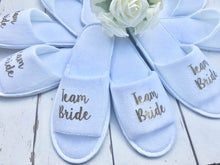 Load image into Gallery viewer, Team Bride • Bridal slippers • Hen Party Slippers • Bridal Party • Wedding Slippers • Personalised Spa Slippers • Spa Slippers • Gift Personalised Bridal Party Slippers