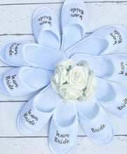 Load image into Gallery viewer, Team Bride • Bridal slippers • Hen Party Slippers • Bridal Party • Wedding Slippers • Personalised Spa Slippers • Spa Slippers • Gift Personalised Bridal Party Slippers