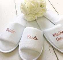 Load image into Gallery viewer, Rose Gold Bridal slippers • Bridal Party Slippers • Hen Party Slippers • Wedding Slippers • Personalised Spa Slippers • Spa Slippers