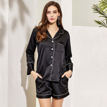 Load image into Gallery viewer, Black Personalised Satin Pyjamas, Personalised Bridesmaid Pjs or Gift for Birthday Sleepover, Long Sleeve Short Pants, Various Colours