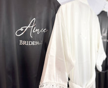 Load image into Gallery viewer, Bridesmaid robes, Bridesmaid Gift, Bridal Robes, Bridal Party Robes, Wedding Robes, Bride Robe, Black Robes, Monochrome Robes, Satin Robes