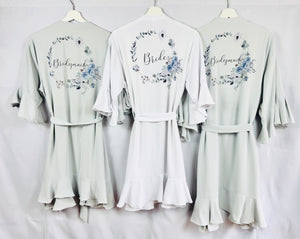 Dusty Blue Bridesmaid Robes, Bridal Robe, Ruffle Robe, Bridal Party Robes, Wedding Robes, Bride Robe, Floral Print Satin Robes Dressing Gown
