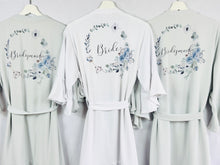 Load image into Gallery viewer, Dusty Blue Bridesmaid Robes, Bridal Robe, Ruffle Robe, Bridal Party Robes, Wedding Robes, Bride Robe, Floral Print Satin Robes Dressing Gown