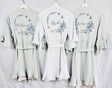 Load image into Gallery viewer, Dusty Blue Bridesmaid Robes, Bridal Robe, Ruffle Robe, Bridal Party Robes, Wedding Robes, Bride Robe, Floral Print Satin Robes Dressing Gown
