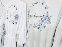 Load image into Gallery viewer, Dusty Blue Bridesmaid Robes, Bridal Robe, Ruffle Robe, Bridal Party Robes, Wedding Robes, Bride Robe, Floral Print Satin Robes Dressing Gown