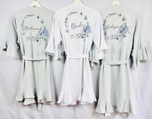 Load image into Gallery viewer, Dusty Blue Bridesmaid Robes, Bridal Robe, Ruffle Robe, Bridal Party Robes, Wedding Robes, Bride Robe, Floral Print Satin Robes Dressing Gown