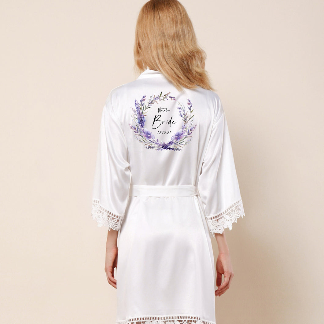 Personalised Bride Robe, Bridesmaid Robe, Bridesmaid Gift, Bridal Robe, Bridal Party Satin Wedding Robe, Lavender Lilac Purple Dressing Gown