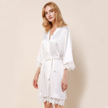 Load image into Gallery viewer, Personalised Bride Robe, Wedding Robe, Dressing Gown, Wreath Foliage Floral Bridal Robes, Bridesmaid Robe Satin Lace Robe, Blush Pink Robe