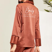 Load image into Gallery viewer, Burnt Orange Pyjamas, Rust Personalised Pjs, Bridal Pyjamas, Long Sleeve Long Pants Satin Pyjamas