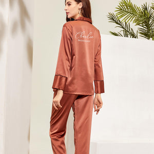 Rust Pyjamas, Burnt Orange Pajamas, Rust Personalised Pjs, Long Sleeve Long Pants Satin Pyjamas
