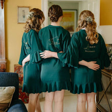 Load image into Gallery viewer, Personalised Bridal Robes, Soft Chiffon Bridesmaid Robe in Forest Green, Ruffle Robe Bridesmaid Gift