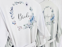 Load image into Gallery viewer, Dusty Blue Bridesmaid Robes, Bridal Robe, Ruffle Robe, Bridal Party Robes, Wedding Robes, Bride Robe, Floral Print Satin Robes Dressing Gown