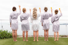 Load image into Gallery viewer, Personalised Bridal Robe Set Satin &amp; Lace Wedding Robes Bride and Party Bridesmaids Bachelorette Squad Silky Soft Lght Grey Champagne