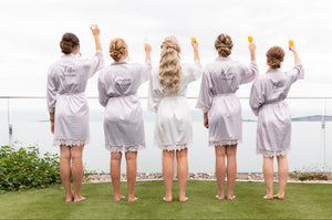Personalised Bridal Robe Set Satin & Lace Wedding Robes Bride and Party Bridesmaids Bachelorette Squad Silky Soft Lght Grey Champagne