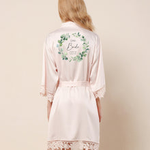 Load image into Gallery viewer, Personalised Bride Robe, Wedding Robe, Dressing Gown, Wreath Foliage Floral Bridal Robes, Bridesmaid Robe Satin Lace Robe, Blush Pink Robe