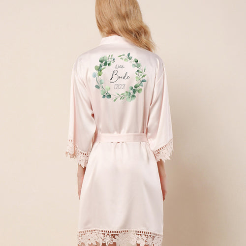 Personalised Bride Robe, Wedding Robe, Dressing Gown, Wreath Foliage Floral Bridal Robes, Bridesmaid Robe Satin Lace Robe, Blush Pink Robe