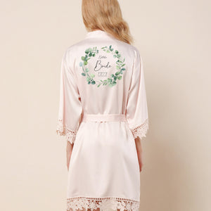 Personalised Bride Robe, Wedding Robe, Dressing Gown, Wreath Foliage Floral Bridal Robes, Bridesmaid Robe Satin Lace Robe, Blush Pink Robe
