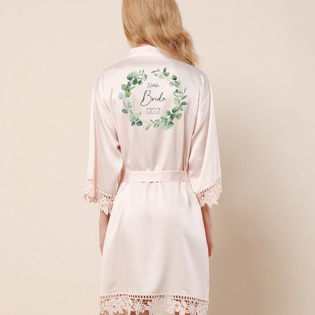 Personalised Bride Robe, Wedding Robe, Dressing Gown, Wreath Foliage Floral Bridal Robes, Bridesmaid Robe Satin Lace Robe, Blush Pink Robe