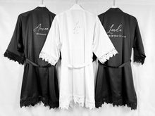 Load image into Gallery viewer, Bridesmaid robes, Bridesmaid Gift, Bridal Robes, Bridal Party Robes, Wedding Robes, Bride Robe, Black Robes, Monochrome Robes, Satin Robes