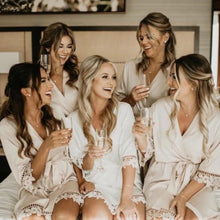 Load image into Gallery viewer, Personalised Bridal Robe Set Satin &amp; Lace Wedding Robes Bride and Party Bridesmaids Bachelorette Squad Silky Soft Lght Grey Champagne