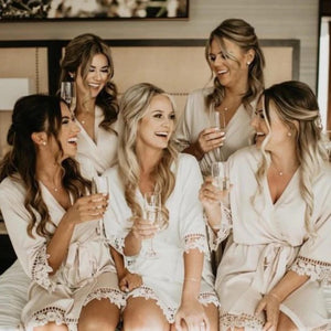 Personalised Bridal Robe Set Satin & Lace Wedding Robes Bride and Party Bridesmaids Bachelorette Squad Silky Soft Lght Grey Champagne