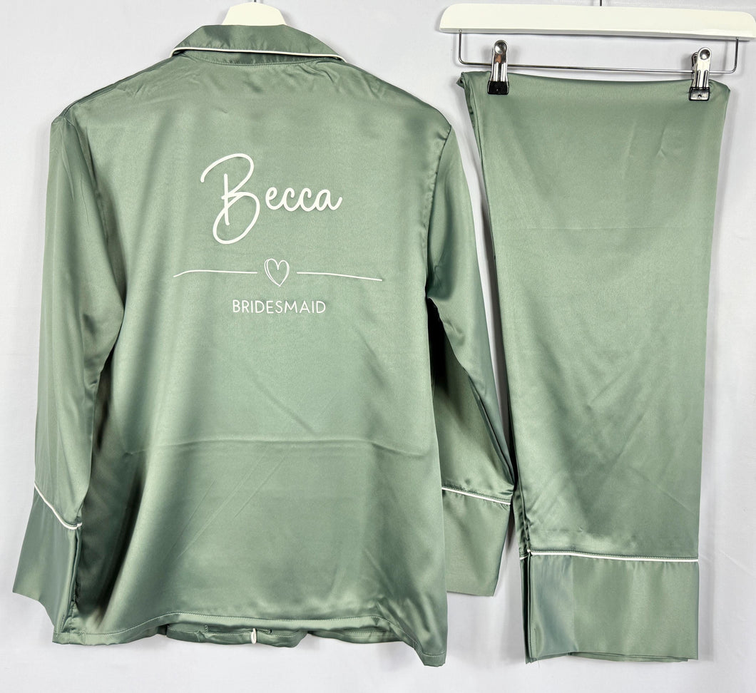 Green Pyjamas, Wedding Pajamas, Personalised Long Sleeve Long Pants Satin Pjs,