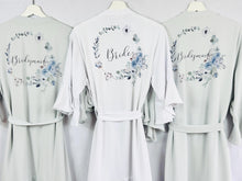Load image into Gallery viewer, Dusty Blue Bridesmaid Robes, Bridal Robe, Ruffle Robe, Bridal Party Robes, Wedding Robes, Bride Robe, Floral Print Satin Robes Dressing Gown