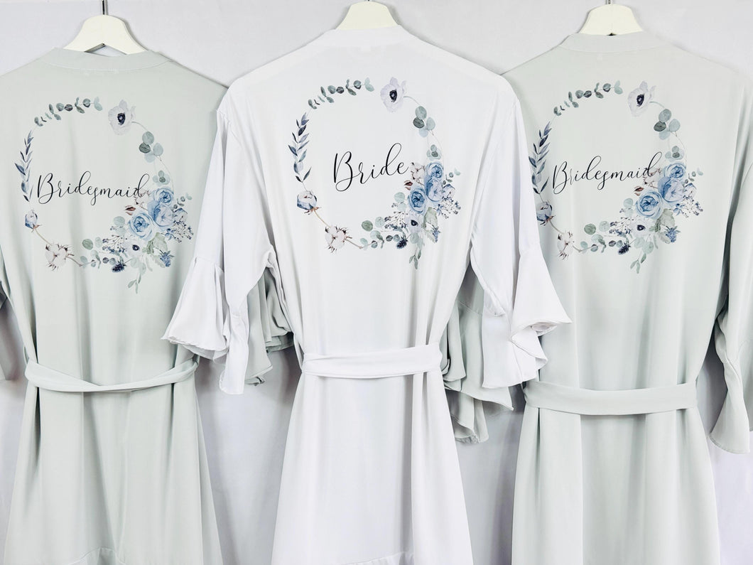 Dusty Blue Bridesmaid Robes, Bridal Robe, Ruffle Robe, Bridal Party Robes, Wedding Robes, Bride Robe, Floral Print Satin Robes Dressing Gown