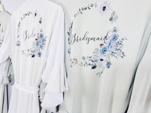 Load image into Gallery viewer, Dusty Blue Bridesmaid Robes, Bridal Robe, Ruffle Robe, Bridal Party Robes, Wedding Robes, Bride Robe, Floral Print Satin Robes Dressing Gown