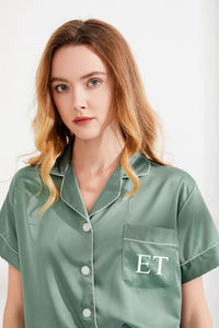 Personalised Green Satin Bridesmaid Pyjamas, Luxury Pajama Set, Bridal Party Pjs, Matching Hen Party Pjs Custom Name Pjs, Wedding Pyjamas