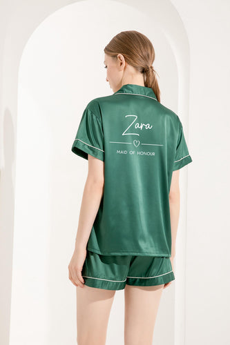 Bridesmaid Pj Set, Green Satin Pjs, Personalised Green Pyjamas, Bride Pjs, Green Pajamas, Short Pyjamas, Short Sleeve Pjs, Moss Sage Emerald