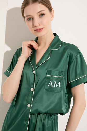 Personalised Green Satin Bridesmaid Pyjamas, Luxury Pajama Set, Bridal Party Pjs, Matching Hen Party Pjs Custom Name Pjs, Wedding Pyjamas