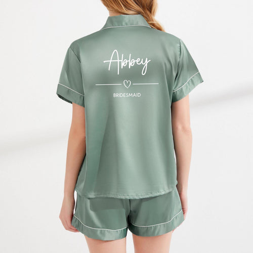 Personalised Satin Pajamas Set, Custom Short Pyjamas Set, Eucalyptus Matching Pjs, Green Bridesmaid Pajamas,Bridesmaid Proposal Gift for Her