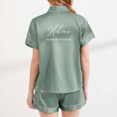 Personalised Bride Pajamas, Eucalyptus Bridesmaid Pyjamas, Bridal Party PJ's, Bridesmaid Gift, Silky Soft Satin Short PJ's, Green Pyjamas