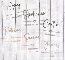 Load image into Gallery viewer, Custom Iron On HTV Transfers for Bridal Party Robes &amp; Pyjamas, Personalised Wedding Heat Transfer Vinyl Decals, Hen Party Clothing Names
