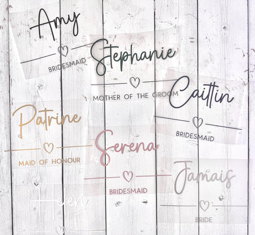 Custom Iron On HTV Transfers for Bridal Party Robes & Pyjamas, Personalised Wedding Heat Transfer Vinyl Decals, Hen Party Clothing Names