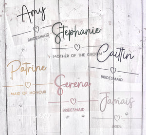 Custom Iron On HTV Transfers for Bridal Party Robes & Pyjamas, Personalised Wedding Heat Transfer Vinyl Decals, Hen Party Clothing Names