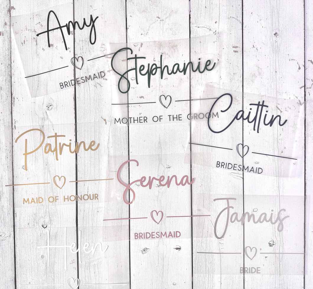 Custom Iron On HTV Transfers for Bridal Party Robes & Pyjamas, Personalised Wedding Heat Transfer Vinyl Decals, Hen Party Clothing Names