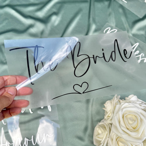 Iron on Vinyl Names & Roles Wedding Hen Personalised Robes Pjs and T-shirts, Custom Bride Maid of honour HTV Clothing Transfers Stickers