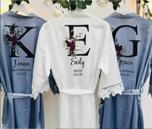 Load image into Gallery viewer, Dusty blue satin bridesmaid robe with personalised floral initial, laid flat on white background