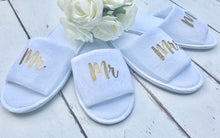 Load image into Gallery viewer, Mr and Mrs • Bridal slippers • Honeymoon • Bridal Party • Newlyweds • Wedding Slippers • Personalised Spa Slippers • Spa Slippers • Gift • Personalised Bridal Party Slippers