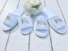 Load image into Gallery viewer, Mr and Mrs • Bridal slippers • Honeymoon • Bridal Party • Newlyweds • Wedding Slippers • Personalised Spa Slippers • Spa Slippers • Gift • Personalised Bridal Party Slippers